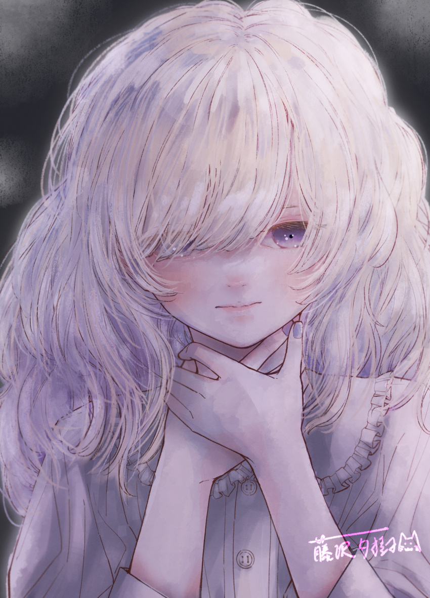 1girl absurdres blush close-up dress expressionless fujisawa_yuuki grey_background hair_over_one_eye hands_on_own_neck highres long_hair looking_at_viewer original signature solo violet_eyes white_dress white_hair