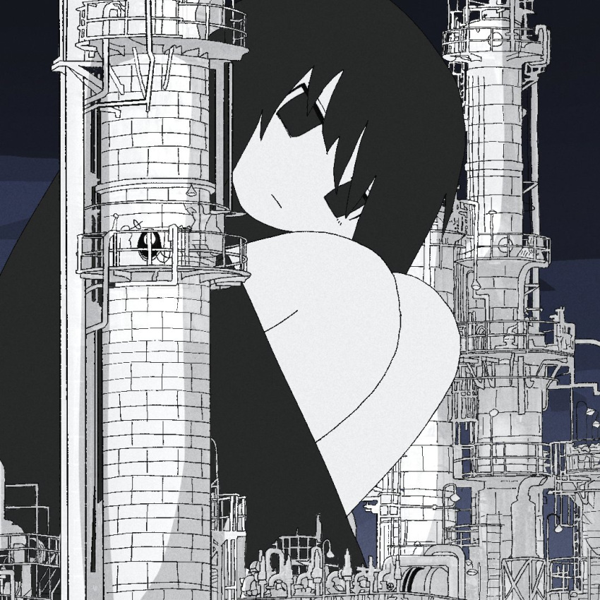 1girl ashuu_(4syup) blue_background commentary_request expressionless feet_out_of_frame giant giantess greyscale_with_colored_background head_on_knees industrial industrial_pipe jitome keihou_no_atta_hi_(neutrino) knees_to_chest long_hair looking_at_viewer night outdoors smokestack solo squatting tower