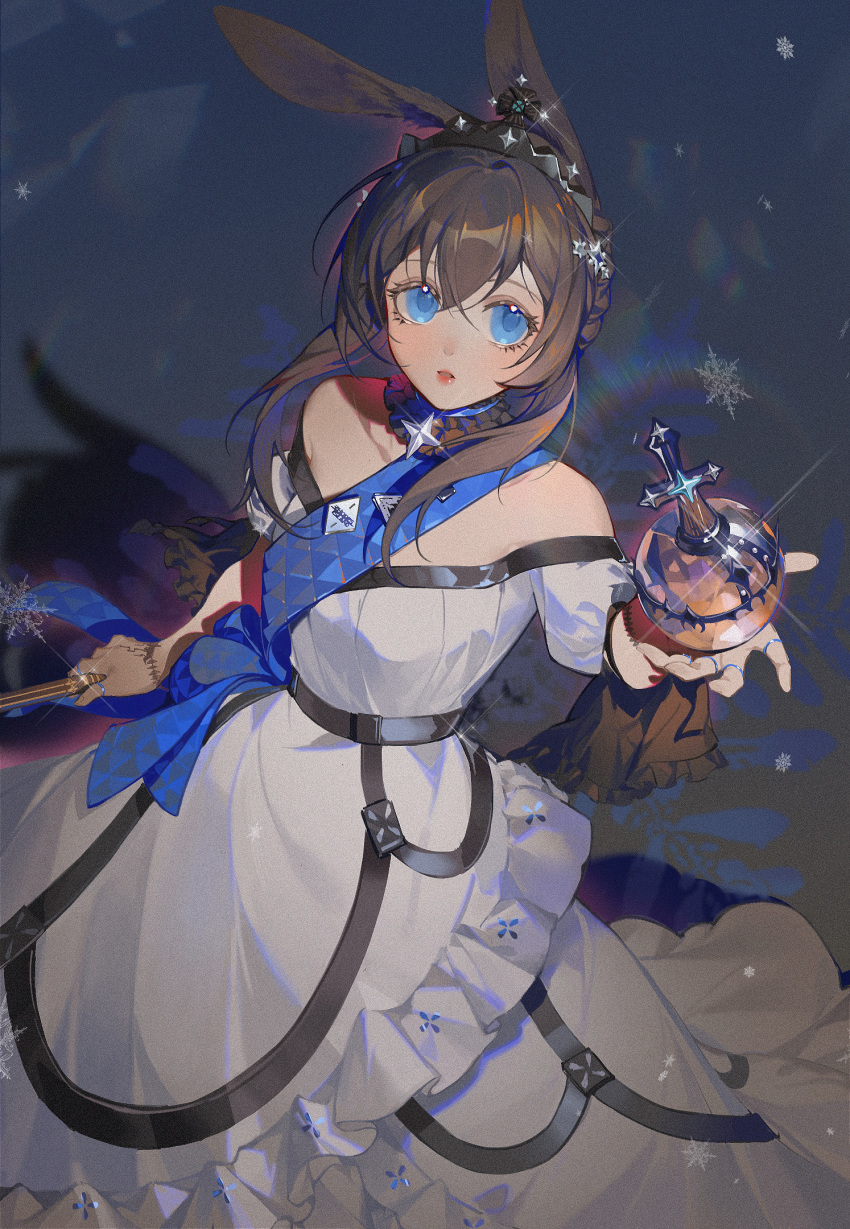1girl ambience_synesthesia amiya_(arknights) animal_ear_fluff animal_ears api_qwq arknights bare_shoulders black_collar blue_eyes blue_ribbon blush brown_hair chinese_commentary collar commentary_request crown dress globus_cruciger hair_between_eyes highres holding jewelry lipstick long_hair looking_at_viewer makeup multiple_rings off-shoulder_dress off_shoulder official_alternate_costume parted_lips rabbit_ears rabbit_girl ribbon ring solo white_dress