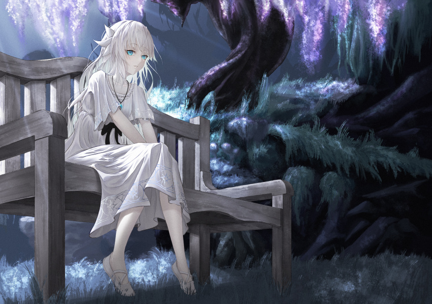 1girl absurdres bench black_ribbon blue_eyes commentary_request dress ender_lilies_quietus_of_the_knights expressionless full_body grass hair_ornament highres jewelry lily_(ender_lilies) long_hair looking_at_viewer nature necklace outdoors parted_lips pendant re:i(59449286) ribbon short_sleeves sitting solo tree white_dress white_hair