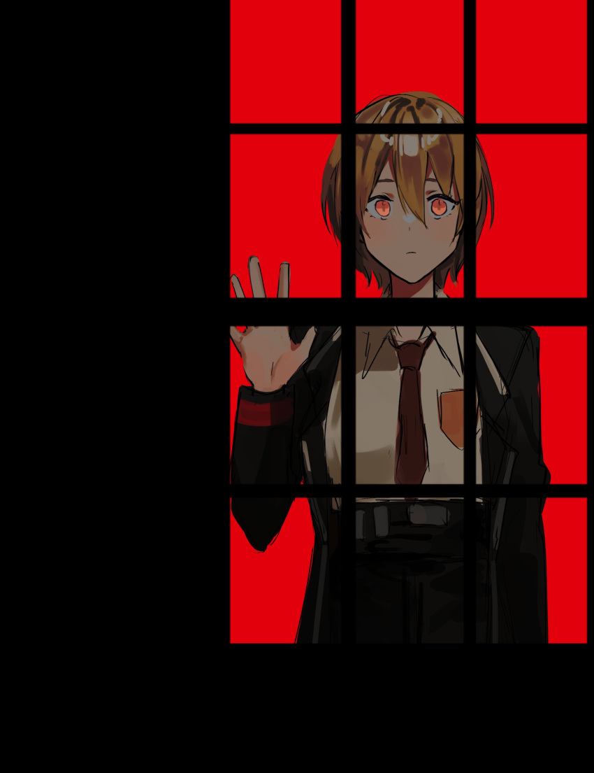 1girl absurdres badge black_coat blonde_hair coat collared_shirt don_quixote_(limbus_company) hand_up highres limbus_company long_sleeves looking_inside msx_(mis4xi) necktie project_moon red_necktie shirt short_hair solo white_shirt window wing_collar yellow_eyes