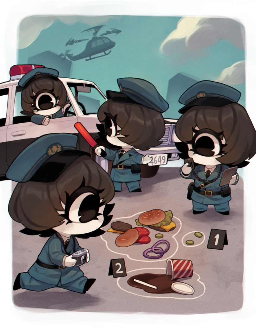 4girls aircraft black_eyes black_hair black_necktie burger camera car clouds colored_skin commentary crime_scene cup cyclops disposable_cup drinking_straw english_commentary food hat helicopter highres holding holding_camera holding_tablet_pc lettuce motor_vehicle multiple_girls necktie one-eyed onion original pickle police police_car police_hat police_uniform policewoman pouch spill tablet_pc tomato traffic_baton uniform walkie-talkie white_skin zombiemiso