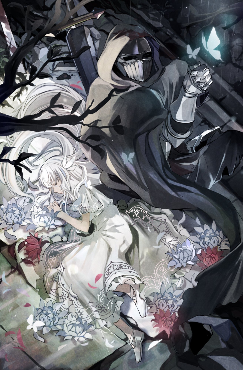 1boy 1girl armor black_cloak bug butterfly cloak closed_eyes crying dress ender_lilies_quietus_of_the_knights flower full_armor full_body highres hood hood_up hooded_cloak lily_(ender_lilies) long_hair lotus lying on_side petals red_flower short_sleeves shunka_tunacan sitting sword tree umbral_knight_(ender_lilies) very_long_hair weapon white_dress white_flower white_hair