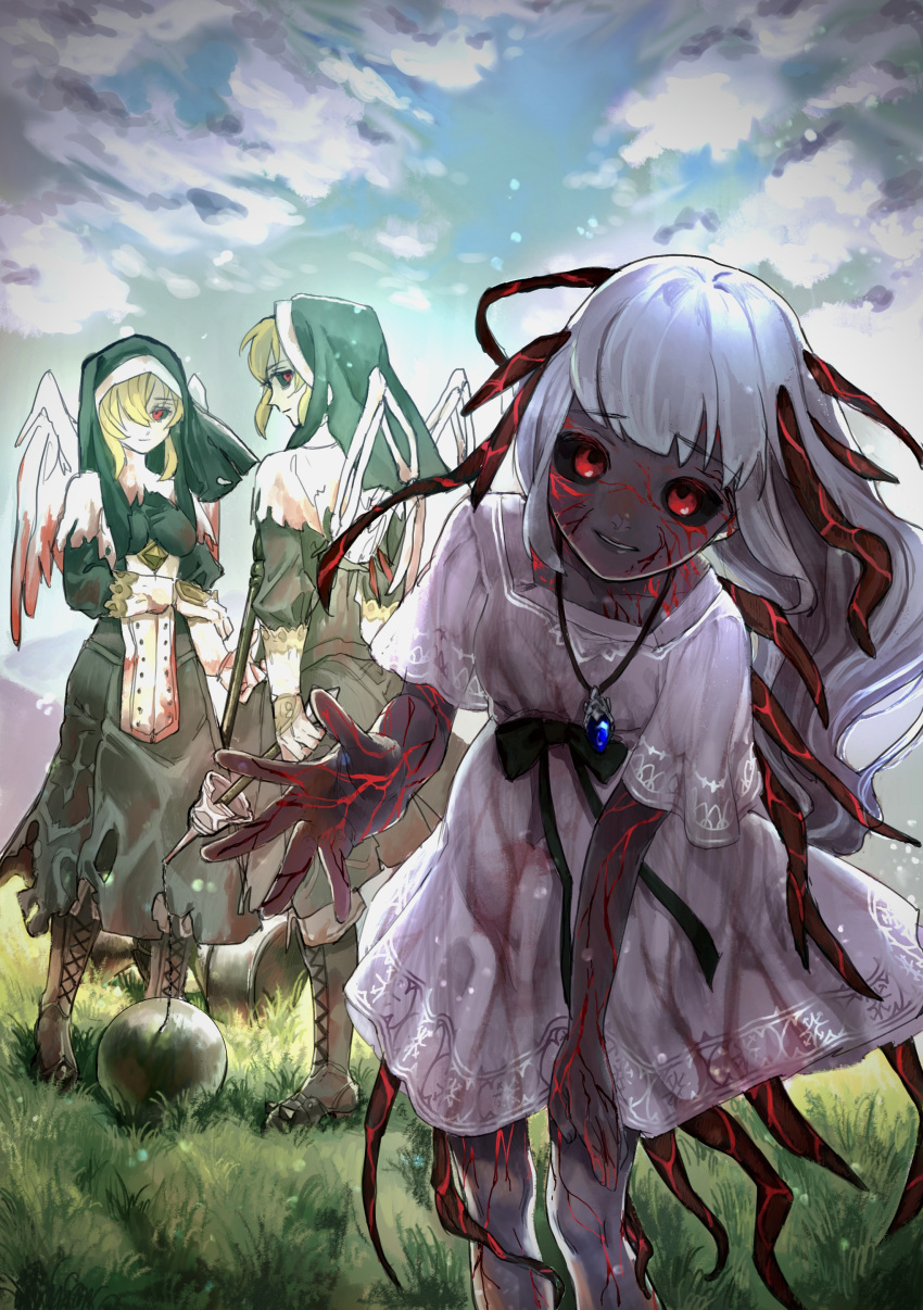 3girls absurdres asuran_1-sei ball_and_chain_(weapon) black_dress black_ribbon black_sclera blonde_hair blood blood_on_clothes bloody_wings clouds colored_sclera colored_skin commentary_request corruption dress ender_lilies_quietus_of_the_knights gloves grass grey_hair grey_skin guardian_siegrid guardian_silva habit highres jewelry leaning_forward lily_(ender_lilies) long_hair looking_at_viewer multiple_girls necklace outdoors parted_lips pendant reaching reaching_towards_viewer red_eyes ribbon short_sleeves skeletal_wings sky smile tendril veins white_dress white_wings wings