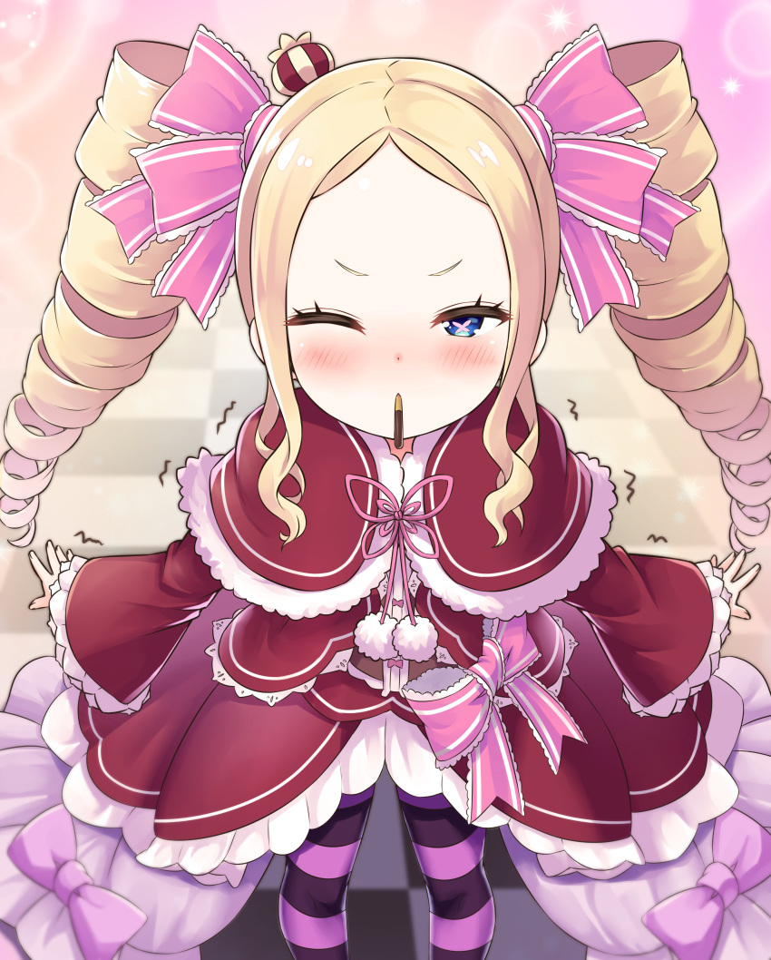 1girl absurdres beatrice_(re:zero) blonde_hair blush capelet checkered_floor commentary_request crown dress drill_hair food food_in_mouth fur-trimmed_capelet fur_trim hair_ribbon highres incoming_pocky_kiss long_hair mini_crown one_eye_closed pantyhose pink_ribbon pocky pocky_in_mouth re:zero_kara_hajimeru_isekai_seikatsu red_capelet red_dress ribbon s_(hdru2332) sidelocks solo sparkle_background striped striped_pantyhose twin_drills twintails