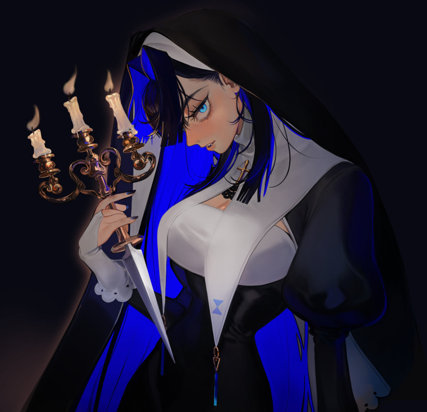 1girl alternate_costume black_hair black_nails blue_eyes blue_hair candelabra candle candlestand colored_inner_hair cross dark_background dress eus_ing fangs glowing glowing_eyes habit hair_intakes highres holding holding_candle holding_knife hololive hololive_english juliet_sleeves knife long_hair long_sleeves looking_at_viewer multicolored_hair nail_polish nun ouro_kronii parted_lips profile puffy_sleeves solo upper_body virtual_youtuber
