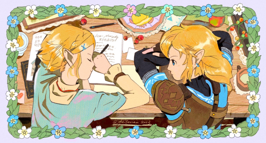 1boy 1girl arm_guards armor blonde_hair blue_eyes blue_tunic book champion's_tunic_(zelda) cherry closed_eyes cup desk earrings feleven flower_border food fruit hair_ornament hairclip highres jewelry link looking_at_another napkin paper pauldrons pen pointy_ears princess_zelda short_hair shoulder_armor single_pauldron sleeping_on_desk smile tea the_legend_of_zelda the_legend_of_zelda:_tears_of_the_kingdom yellow_tunic