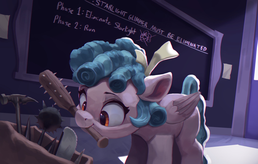1girl absurdres animal_ears aqua_hair brown_eyes chalkboard cozy_glow english_text highres horse_ears indoors medium_hair my_little_pony my_little_pony:_friendship_is_magic no_humans pegasus pegasus_wings solo spiked_bat vghosties weapon_in_mouth white_fur