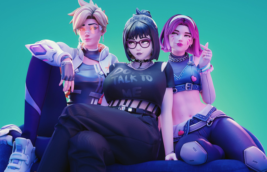 3d 3girls alternate_hair_color black-framed_eyewear black_choker black_hair black_lips blonde_hair breasts choker clothes_writing commentary crop_top crossed_legs curvy d.va_(overwatch) english_commentary fugtrup glasses gothic highres k-pop large_breasts le_sserafim lipstick makeup mei_(overwatch) mole mole_above_mouth multiple_girls nose_piercing official_alternate_costume overwatch overwatch_2 pale_skin piercing pink_lips short_hair sitting small_breasts tracer_(overwatch)