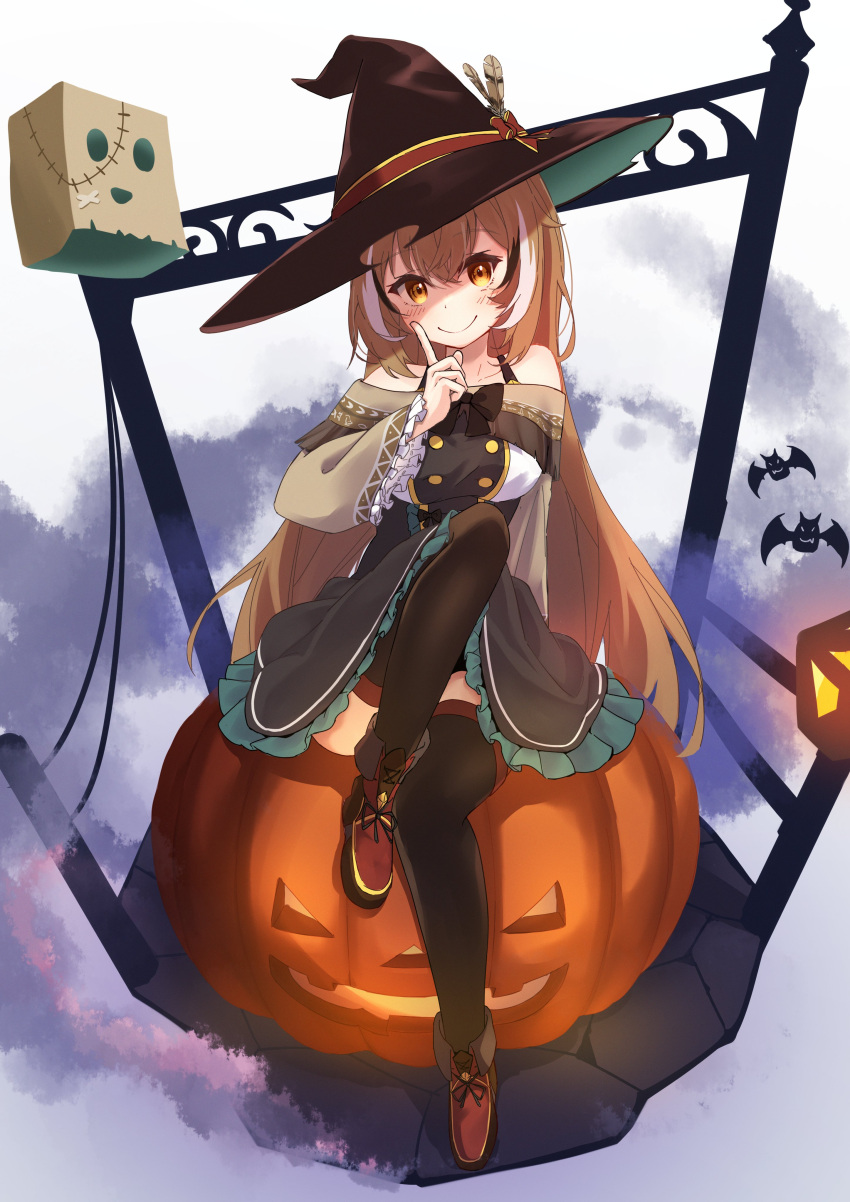 1girl absurdres alternate_costume ankle_boots bat_(animal) black_thighhighs boots brown_dress brown_eyes brown_hair clouds cloudy_sky crossed_bangs dress feathers friend_(nanashi_mumei) frilled_sleeves frills halloween hat highres hololive hololive_english index_finger_raised jack-o'-lantern long_hair looking_at_viewer mikaso_(mkmkmikaso) multicolored_hair nanashi_mumei sky smile stitches streaked_hair thigh-highs very_long_hair virtual_youtuber witch witch_hat