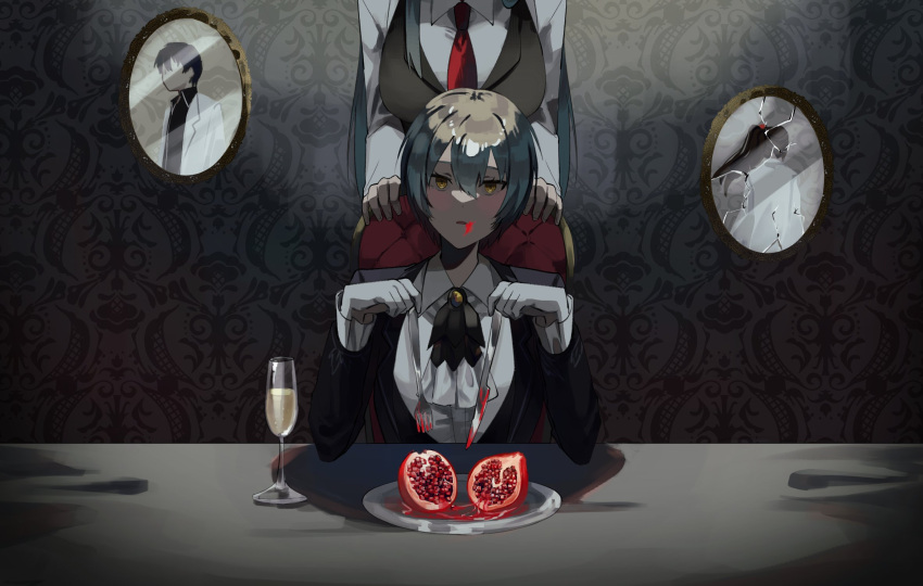 2girls alcohol angela_(project_moon) ascot ayin_(project_moon) black_coat blue_hair breasts carmen_(project_moon) champagne champagne_flute coat collared_shirt cup drinking_glass dual_persona food fork fruit gloves highres holding holding_fork holding_knife indoors knife large_breasts library_of_ruina lobotomy_corporation long_hair msx_(mis4xi) multiple_girls necktie picture_frame plate pomegranate project_moon red_necktie shirt table very_long_hair wallpaper_(object) white_ascot white_gloves white_shirt yellow_eyes