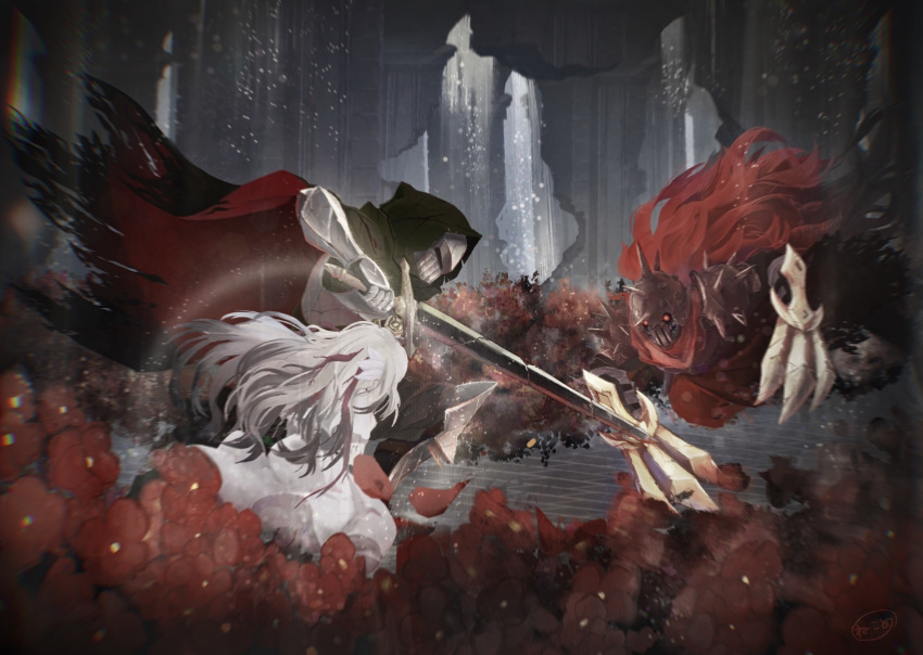 1girl 2boys armor battle black_cloak cloak commentary_request dress ender_lilies_quietus_of_the_knights flower full_armor highres holding holding_sword holding_weapon hood hooded_cloak light_particles lily_(ender_lilies) long_hair mizusuibo multiple_boys red_eyes red_flower redhead ruins spiked_helmet spiked_pauldrons sword tendril ulv_the_mad_knight umbral_knight_(ender_lilies) weapon white_dress white_hair