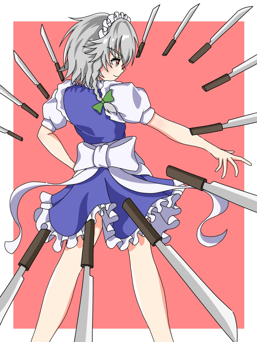 1girl back blue_dress border bow braid commentary_request cowboy_shot dress floating floating_clothes floating_object floating_weapon frilled_dress frills green_bow grey_hair hair_bow highres izayoi_sakuya knife light_smile maid maid_headdress medium_hair miniskirt outside_border outstretched_arm puffy_short_sleeves puffy_sleeves red_background red_eyes short_sleeves simple_background skirt solo standing touhou twin_braids waist_bow weapon white_border white_bow zheng3008451858