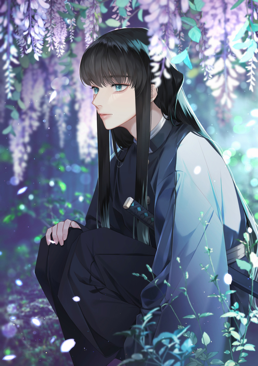 1boy absurdres backlighting bishounen black_hair black_hakama blue_eyes blurry buttons closed_mouth commentary demon_slayer_uniform depth_of_field expressionless flower from_side hakama hand_on_own_knee high_collar highres japanese_clothes katana kimetsu_no_yaiba light_particles lips long_hair long_sleeves male_focus nolang nose outdoors profile sheath sheathed sidelocks solo squatting sword symbol-only_commentary tokitou_yuichirou vegetation weapon wide_sleeves wisteria