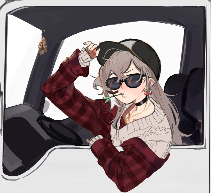 1girl ahoge baseball_cap berry black_choker brown_eyes brown_hair choker cocked_eyebrow crossed_bangs driving earrings eus_ing feathers flannel food-themed_earrings hair_ornament hairclip hat hat_tip highres hololive hololive_english jewelry long_hair looking_at_viewer motor_vehicle mouth_hold multicolored_hair nanashi_mumei nanashi_mumei_(3rd_costume) necklace official_alternate_costume plaid plaid_shirt red_shirt semi_truck shirt sitting stalk_in_mouth steering_wheel streaked_hair sunglasses sweater truck virtual_youtuber white_sweater