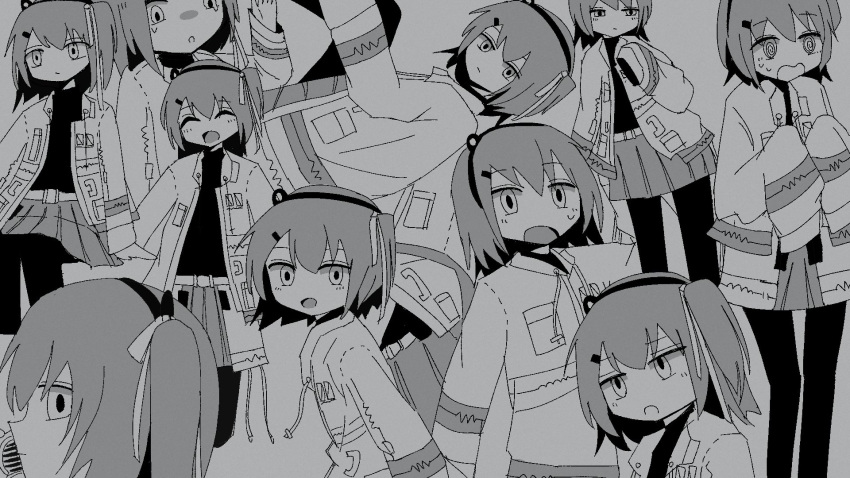 1girl :o @_@ ^_^ a.i._voice adachi_rei ashuu_(4syup) belt blush closed_eyes commentary expressionless flustered greyscale hair_ribbon half-closed_eyes hands_up headlamp highres jacket jitome long_sleeves looking_ahead looking_at_viewer monochrome multiple_views nervous_sweating netsu_ijou_(utau) one_side_up open_clothes open_jacket open_mouth parody pleated_skirt pun relayouter_(vocaloid) ribbon simple_background skirt sleeves_past_fingers sleeves_past_wrists smile sweat sweatdrop tearing_up turtleneck utau