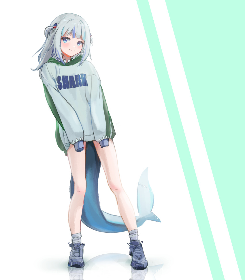 1girl absurdres besi_(lrkabo) black_footwear blue_eyes blue_hair closed_mouth clothes_writing commentary english_commentary english_text fins fish_tail full_body gawr_gura green_background grey_hair grey_socks hair_ornament highres hololive hololive_english hood hood_down hoodie long_hair long_sleeves looking_at_viewer multicolored_hair puffy_long_sleeves puffy_sleeves reflection shark_girl shark_hair_ornament shark_tail shoes sleeves_past_fingers sleeves_past_wrists smile socks solo standing streaked_hair tail two-tone_background two_side_up virtual_youtuber white_background white_hoodie