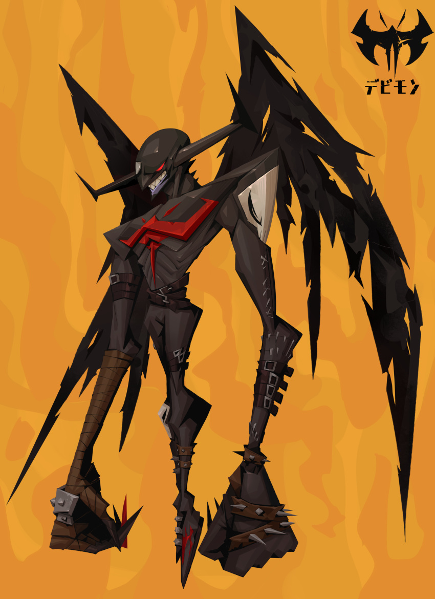 972819623datiancai absurdres arm_belt black_horns black_wings devimon digimon digimon_(creature) gloves highres horns long_arms red_eyes sharp_teeth spiked_gloves teeth wings yellow_background