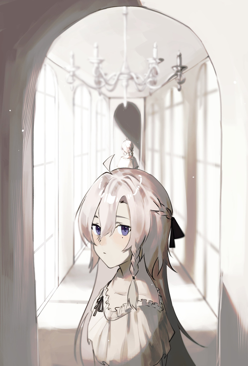 1girl 1other absurdres ahoge black_bow bow braid chandelier closed_mouth dress hair_bow highres indoors long_hair looking_at_viewer msx_(mis4xi) nightgown original solo very_long_hair white_dress white_nightgown white_theme window