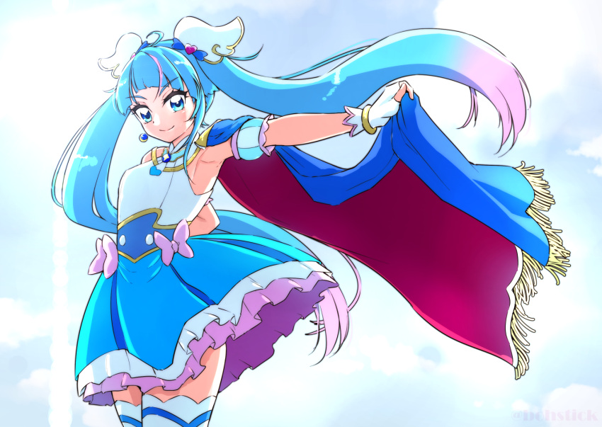 1girl ahoge blue_dress blue_eyes blue_hair blue_sky boh_stick bow brooch cape cape_hold closed_mouth clouds cloudy_sky commentary cure_sky cut_bangs day detached_sleeves dress earrings fingerless_gloves frilled_dress frills fringe_trim gloves gradient_hair hirogaru_sky!_precure jewelry long_hair looking_at_viewer magical_girl multicolored_hair outdoors pink_bow pink_hair precure puffy_detached_sleeves puffy_sleeves short_dress single_earring single_sidelock skirt sky sleeveless sleeveless_dress smile solo sora_harewataru standing streaked_hair thigh-highs twintails two-sided_cape two-sided_fabric two-tone_hair very_long_hair white_gloves white_thighhighs wind wing_brooch wing_hair_ornament zettai_ryouiki