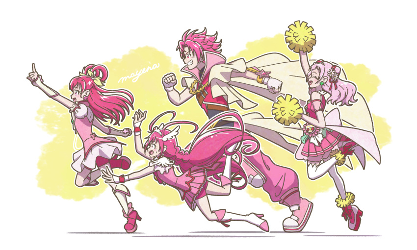 1boy 3girls absurdres boots cure_break cure_yell dancing_star_precure dress high_heel_boots high_heels highres hugtto!_precure long_hair magical_boy magical_girl mayena multiple_girls pink_hair pink_theme pointing pom_pom_(cheerleading) precure running simple_background tripping very_long_hair white_background
