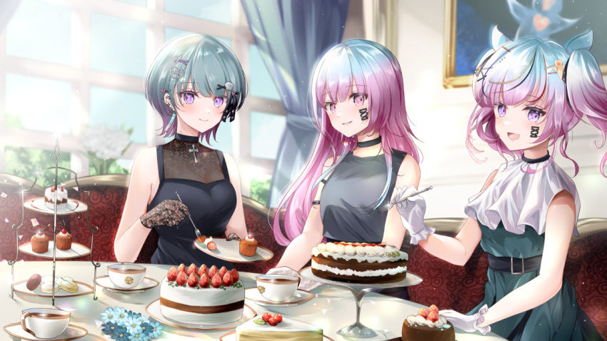 3girls birthday black_choker black_dress blue_flower blue_hair breasts cake cake_slice cake_stand character_request choker couch cross cross_hair_ornament cup curtains dress ear_piercing earrings facial_mark flower food fork fruit gloves gradient_hair green_dress grey_dress grey_hair hair_ornament hair_ribbon heart heart_hair_ornament holding holding_fork indie_virtual_youtuber jewelry kurage_cc lace lace_gloves long_hair macaron multicolored_hair multiple_girls open_mouth piercing pink_hair ribbon saucer shell_hair_ornament short_hair sleeveless sleeveless_dress smile strawberry table tadayoi_lina teacup twintails violet_eyes virtual_youtuber white_gloves white_ribbon window