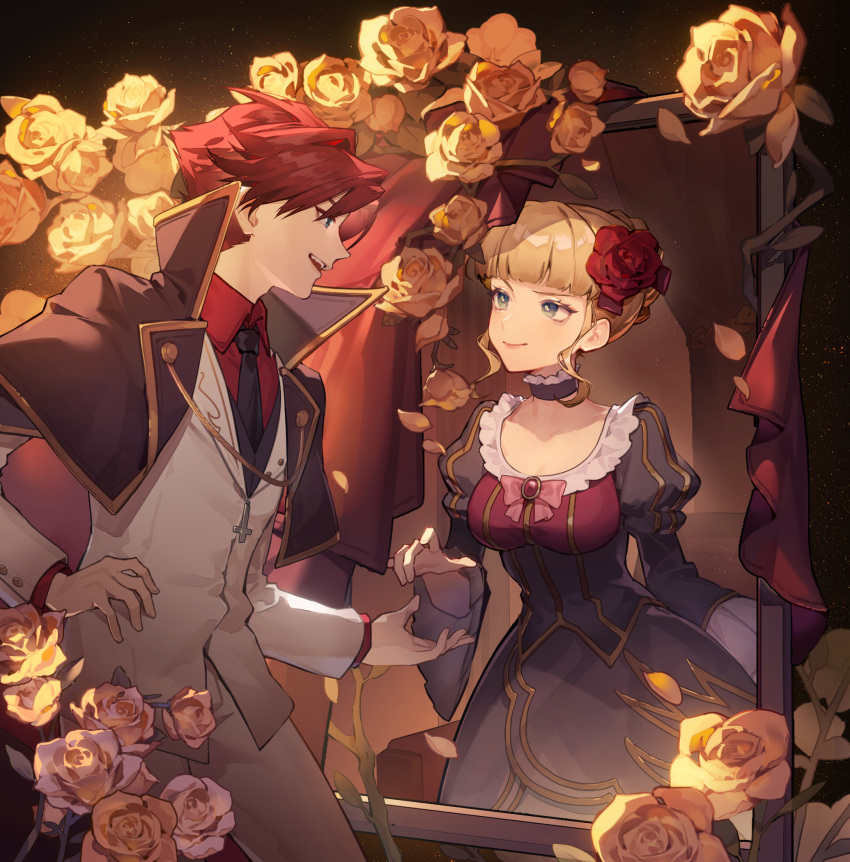 1boy 1girl beatrice_(umineko) black_dress black_necktie blonde_hair blue_eyes blunt_bangs breasts closed_mouth collared_shirt commentary_request dress flower hair_flower hair_ornament hand_on_own_hip highres juliet_sleeves lilith-lily long_sleeves looking_at_another medium_breasts necktie open_mouth petals profile puffy_sleeves red_flower red_rose red_shirt redhead rose shirt short_hair sidelocks smile suit teeth umineko_no_naku_koro_ni upper_teeth_only ushiromiya_battler white_suit yellow_flower yellow_rose