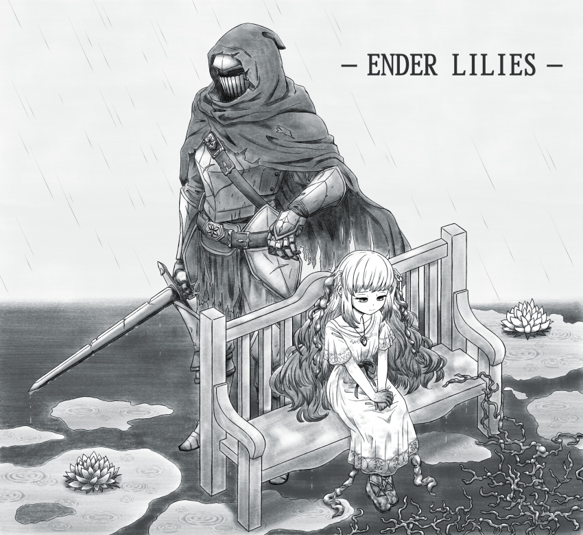 1boy 1girl bench cloak commentary_request copyright_name corruption dress ender_lilies_quietus_of_the_knights enutsuu full_body greyscale highres holding holding_sword holding_weapon hood hood_up hooded_cloak jewelry lily_(ender_lilies) long_hair monochrome multicolored_hair necklace own_hands_together pendant puddle rain sitting sword tendril two-tone_hair umbral_knight_(ender_lilies) water_lily_flower weapon