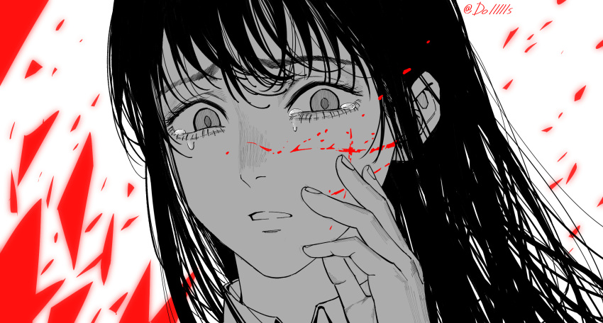 1girl chainsaw_man close-up crying dollllls2 eyelashes greyscale hand_on_own_cheek hand_on_own_face hand_to_own_face highres long_hair mitaka_asa monochrome parted_lips portrait solo spot_color tears twitter_username