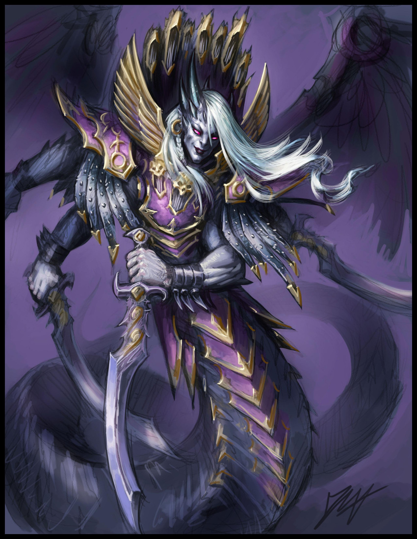 1boy absurdres armor braid breastplate colored_sclera david_haire demon demon_horns demon_primarch earrings evil_smile faulds feathered_wings fulgrim highres holding holding_sword holding_weapon horns jewelry layer_blade lipstick long_hair looking_at_viewer makeup ornate ornate_armor ornate_weapon pale_skin pauldrons pink_eyes pink_sclera power_armor primarch purple_armor purple_lips shoulder_armor simple_background smile snake_tail solo sword tail vambraces violet_eyes warhammer_40k weapon white_hair wings