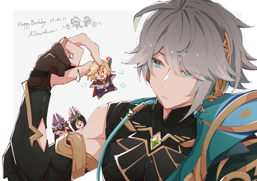4boys :d =3 aether_(genshin_impact) alhaitham_(genshin_impact) anger_vein animal_ear_fluff animal_ears animal_hat antenna_hair arm_up black_gloves black_hair black_headwear black_pants black_shirt blonde_hair blue_sash border cable cape chest_jewel closed_eyes closed_mouth commentary_request cyno_(genshin_impact) dated elbow_gloves eyes_visible_through_hair fake_animal_ears fox_ears frown gem genshin_impact gloves gold_trim green_cape green_eyes green_gemstone green_hair grey_background grey_hair hair_between_eyes hair_over_one_eye happy_birthday hat headphones highres jackal_ears jifu_(gifu_7) kaveh_(genshin_impact) looking_at_another male_focus mini_person miniboy multicolored_hair multiple_boys one_eye_covered open_mouth outside_border paimon_(genshin_impact) pants parted_bangs partially_fingerless_gloves red_cape sash shirt short_hair sidelocks simple_background sleeveless sleeveless_shirt smile streaked_hair swept_bangs tighnari_(genshin_impact) upper_body white_border white_hair white_shirt