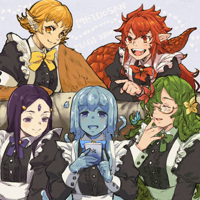 5girls aether_maid_(housamo) black_shirt blonde_hair blue_background blue_bow blue_bowtie blue_eyes blue_hair bow bowtie closed_eyes closed_mouth collared_shirt commentary_request ear_wings fangs feathered_wings fire_maid_(housamo) flower forehead_jewel glasses green_bow green_bowtie green_hair hair_flower hair_ornament hand_up hands_up harpy hexagram highres holding holding_phone long_hair maid monster_girl multiple_girls nether_maid_(housamo) open_mouth parted_bangs phone pmlial pointing pointy_ears purple_bow purple_bowtie purple_hair red_bow red_bowtie red_eyes red_scales redhead reptile_girl romaji_text shirt short_hair signature slime_girl smile star_of_david tail thorns tokyo_afterschool_summoners upper_body v-shaped_eyebrows violet_eyes water_maid_(housamo) wings wood_maid_(housamo) yellow_bow yellow_bowtie yellow_eyes