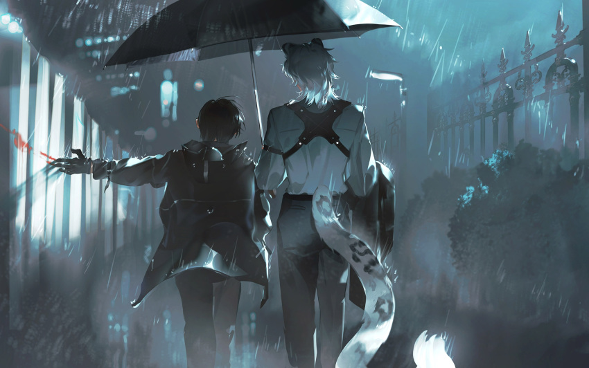 2boys akai_999 animal_ears arknights black_coat black_gloves black_hair black_jacket black_pants blood_on_wall chinese_commentary coat commentary_request cowboy_shot doctor_(arknights) from_behind gloves highres holding holding_clothes holding_jacket holding_umbrella hood hood_down hooded_coat jacket leopard_boy leopard_ears leopard_tail male_doctor_(arknights) male_focus medium_hair multiple_boys night outdoors pants rain shirt short_hair silverash_(arknights) standing tail umbrella walking white_hair white_shirt
