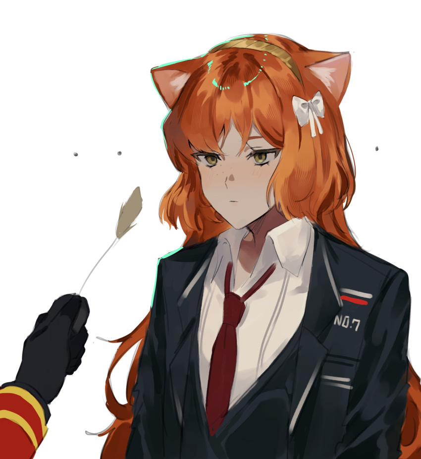 1girl 1other animal_ears black_coat black_gloves black_vest blush bow cat_ears closed_mouth coat freckles gloves hair_bow highres ishmael_(limbus_company) limbus_company long_hair long_sleeves msx_(mis4xi) necktie orange_hair out_of_frame project_moon red_necktie sidelocks simple_background upper_body very_long_hair vest white_background white_bow wing_collar
