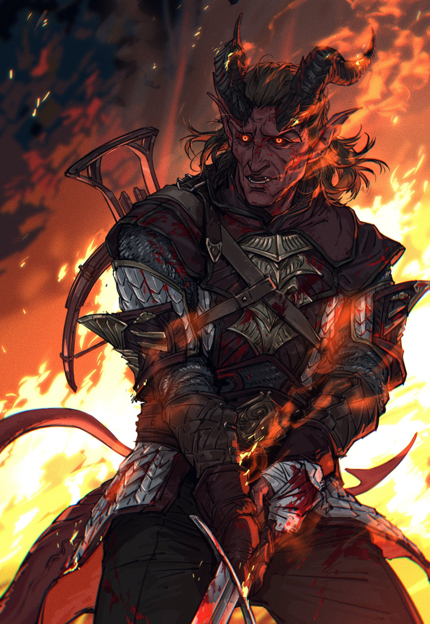 1boy absurdres arm_guards armor backlighting baldur's_gate baldur's_gate_3 bandaged_hand bandages black_hair black_pants black_sclera blood blood_on_clothes blood_on_hands breastplate chest_belt colored_sclera colored_skin commentary cowboy_shot crossbow demon_boy demon_horns demon_tail dungeons_and_dragons english_commentary fangs faulds fighting_stance fire glowing glowing_eyes highres holding holding_sword holding_weapon horns looking_ahead male_focus mature_male medium_hair nyeigneous open_mouth orange_eyes pants pointy_ears red_skin serious slit_pupils solo standing sword tail tiefling weapon weapon_on_back zevlor