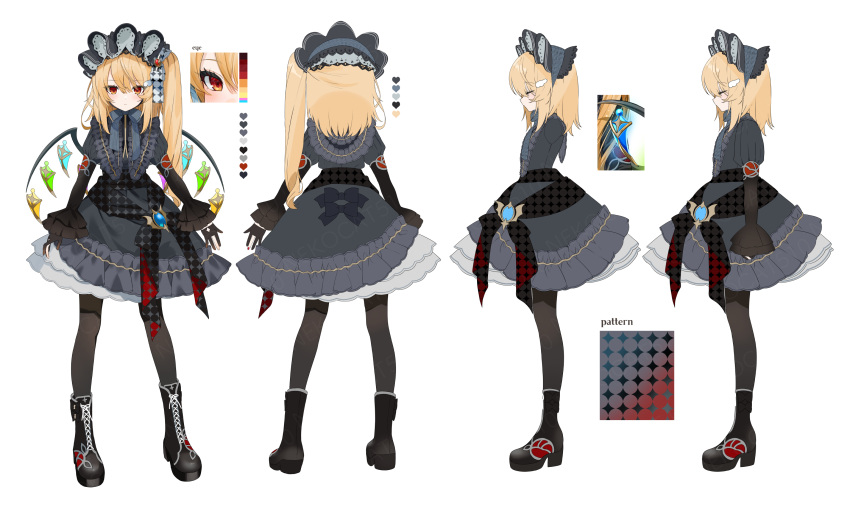 1girl alternate_costume black_dress black_footwear black_gloves black_pantyhose blonde_hair blush boots closed_mouth crystal dress fingernails flandre_scarlet frilled_sleeves frills gloves gotoh510 highres long_hair long_sleeves multiple_views nail_polish one_side_up pantyhose partially_fingerless_gloves red_eyes red_nails simple_background touhou white_background wings