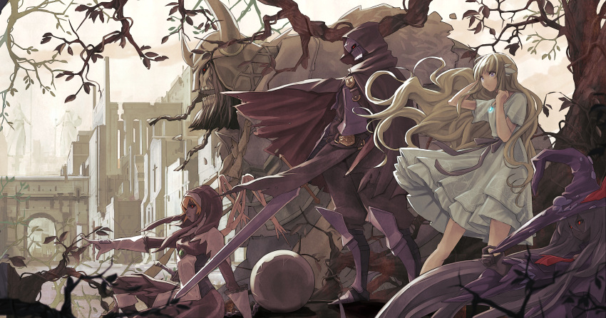 2boys 3girls absurdres architecture armor ball_and_chain_(weapon) beard black_cloak black_dress blonde_hair blue_eyes castle cloak commentary_request dark_witch_eleine dendou_(andu0083) dress ender_lilies_quietus_of_the_knights facial_hair fake_horns floating_hair full_armor gerrod_the_elder_warrior gloves glowing glowing_eyes guardian_siegrid habit hair_ornament hat helmet highres holding holding_sword holding_weapon hood hooded_cloak horned_helmet horns lily_(ender_lilies) long_hair multiple_boys multiple_girls outdoors pointing red_eyes short_sleeves skeletal_wings sword tree umbral_knight_(ender_lilies) very_long_hair weapon white_dress wings witch witch_hat