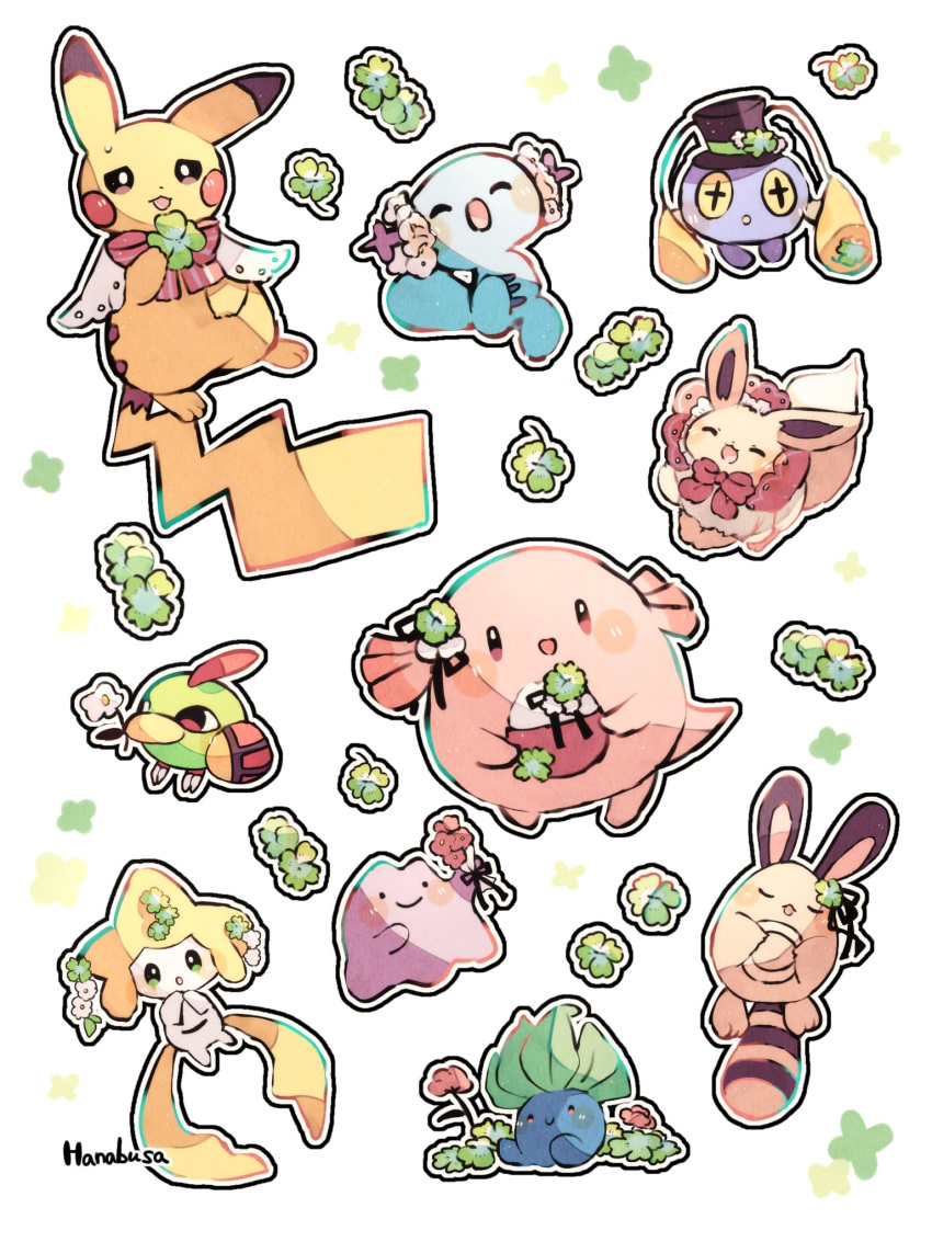 :d :o ^_^ animal_focus antennae beak bird blue_skin bow bowtie brown_fur chansey chinchou closed_eyes clover colored_skin commentary_request ditto eevee egg facial_mark floating flower_in_mouth four-leaf_clover green_skin hanabusaoekaki hat highres jirachi leaf natu no_humans oddish pikachu pink_skin pokemon pokemon_(creature) purple_skin red_bow red_bowtie sentret sleeping smile solid_oval_eyes star-shaped_pupils star_(symbol) symbol-shaped_pupils tail top_hat white_background white_skin wooper yellow_skin