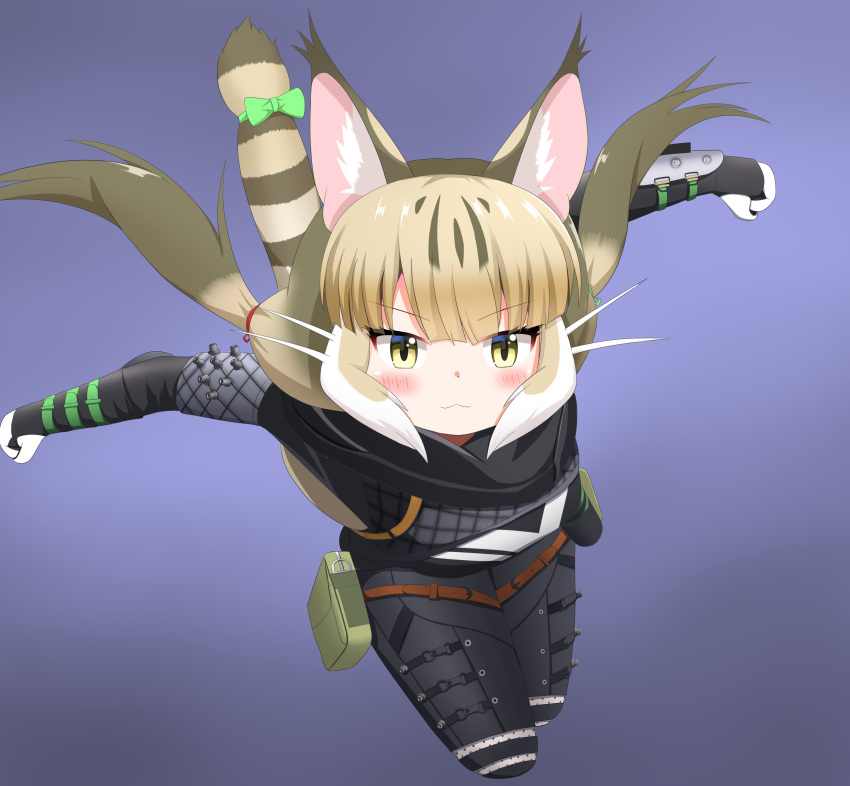 1girl absurdres animal_ears apex_legends black_jacket black_scarf cat_ears cat_girl cat_tail extra_ears grey_hair highres jacket jungle_cat_(kemono_friends) kemono_friends kemono_friends_v_project long_hair looking_at_viewer parody ribbon scarf shin01571 simple_background solo tail twintails virtual_youtuber wraith_(apex_legends) yellow_eyes