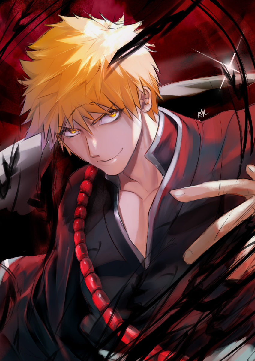 1boy absurdres arialla_a aura black_shirt bleach close-up collarbone glint hair_between_eyes highres kurosaki_ichigo looking_at_viewer male_focus orange_eyes orange_hair red_background shihakusho shirt smirk spiky_hair sword upper_body weapon zangetsu_(shikai)