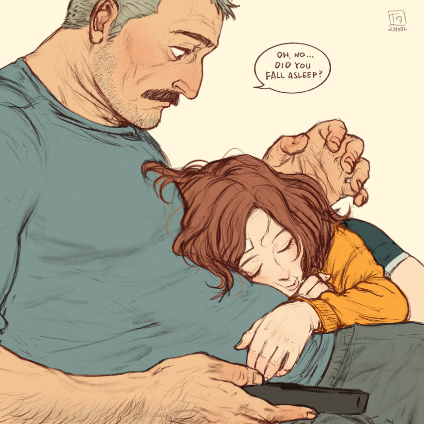 1boy 1girl aaron_gruber_(o_natsuo88) age_difference arm_hair bandaged_head bandages beard_stubble closed_eyes controller couch cutoff_jeans cutoffs english_text facial_hair green_shirt grey_hair hand_on_another's_stomach height_difference highres holding holding_remote_control looking_at_another madison_(o_natsuo88) mature_male medium_hair mustache nail_polish o_natsuo88 old old_man orange_sweater original pants profile receding_hairline redhead remote_control shirt short_hair sleeping sleeping_on_person speech_bubble sweater sweatpants thick_eyebrows thick_mustache wavy_hair wrinkled_skin yellow_background