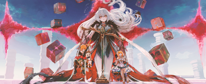 1boy 3girls absurdres aether_(genshin_impact) artist_name balance_scale behind_another blonde_hair blue_sky closed_mouth cube floating floating_hair flower flower_in_mouth fur_collar genshin_impact hair_between_eyes hair_flower hair_ornament highres holding holding_sword holding_weapon incredibly_absurdres long_hair looking_at_viewer looking_down looking_up lueen49 lumine_(genshin_impact) multiple_girls orange_eyes paimon_(genshin_impact) pillar ribbon short_hair sitting sky sword unknown_god_(genshin_impact) weapon weighing_scale white_hair