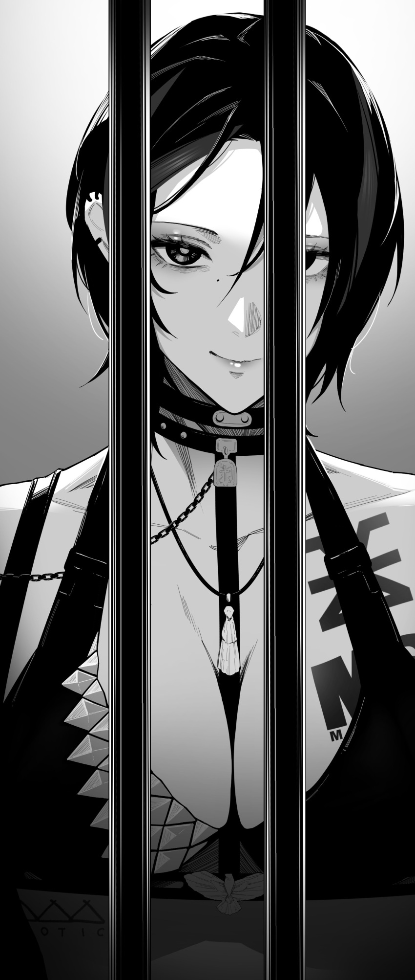 absurdres black_bra black_hair bra chain chest_tattoo collar commentary_request crow_(nikke) earrings furo_atsushi goddess_of_victory:_nikke greyscale highres iron_bars jewelry light_smile looking_at_viewer monochrome short_hair tattoo underwear