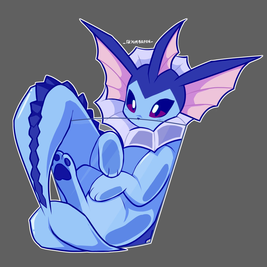 artist_name blue_eyes cup english_commentary fins grey_background head_fins highres lying multicolored_eyes no_humans pokemon pokemon_(creature) pokemon_focus simple_background skyumbreon solo two-tone_eyes vaporeon violet_eyes