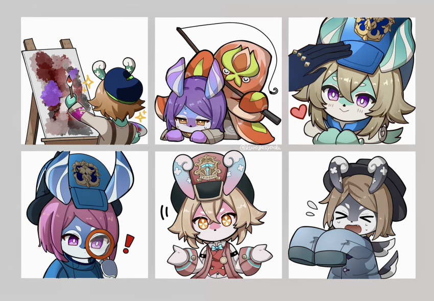 ! &gt;_&lt; 6+girls :&gt; animal_ears aqua_bow aqua_bowtie arm_up ball_octopus_(genshin_impact) beret black_headwear blue_coat blue_headwear bow bowtie bright_pupils brown_eyes brown_hair brown_shirt buttons canvas_(object) closed_mouth coat commentary_request crossed_bangs crying easel elphane_(genshin_impact) facing_away fang fishing_rod flying_sweatdrops from_behind genshin_impact grey_background hair_between_eyes hand_up hands_up hat headpat heart highres holding holding_fishing_rod holding_magnifying_glass holding_paintbrush iara_(genshin_impact) kuromu_shado long_sleeves lying magnifying_glass mamere_(genshin_impact) melusine_(genshin_impact) muirne_(genshin_impact) multiple_girls octopus on_stomach open_clothes open_coat open_mouth orange_eyes paint_on_clothes paint_splatter paintbrush painting_(object) parted_bangs peaked_cap pink_coat pink_hair pink_headwear purple_hair sedene_(genshin_impact) sedile_(genshin_impact) shirt short_hair shrugging simple_background sleeves_past_fingers sleeves_past_wrists smile sparkle sweat swept_bangs tail violet_eyes white_background white_pupils