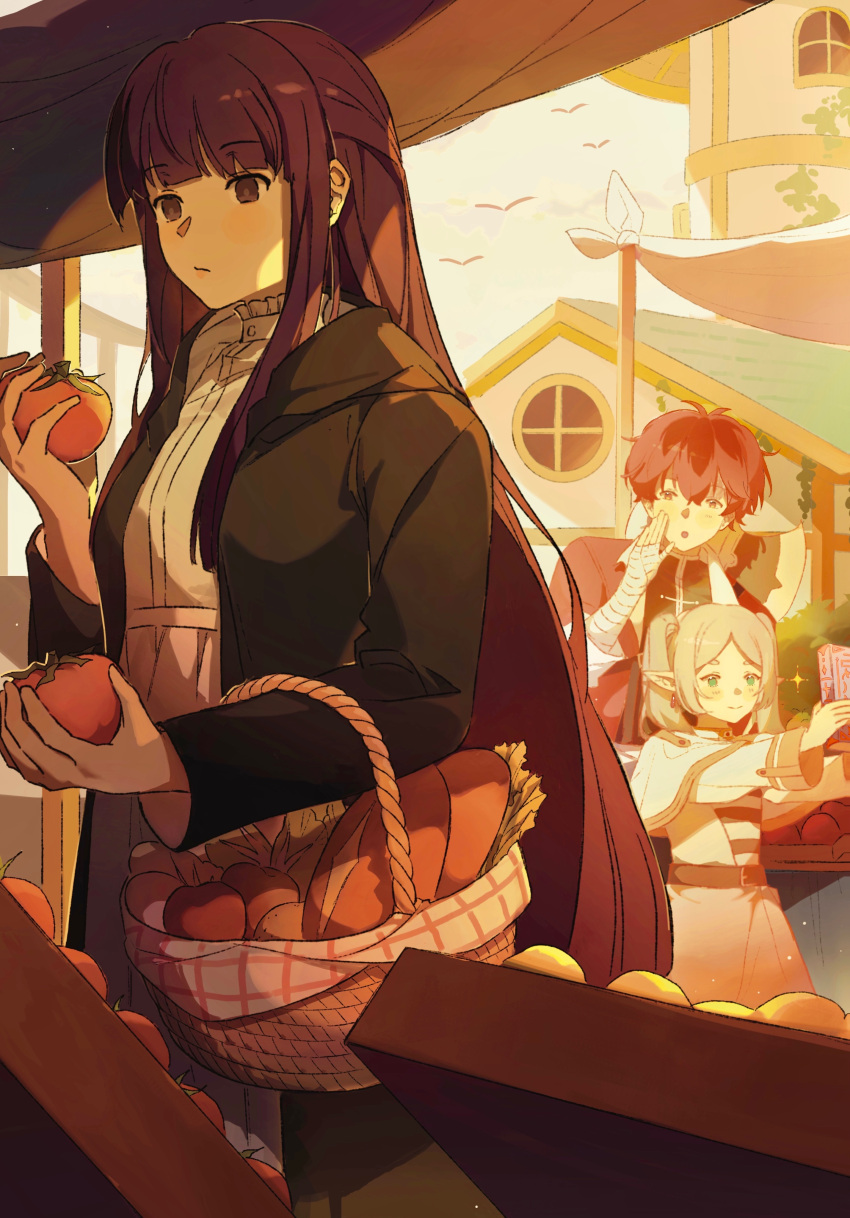1boy 2girls absurdres bandaged_arm bandages basket black_coat black_hair blunt_bangs book bread closed_mouth coat collar commentary dress elf english_commentary evening fern_(sousou_no_frieren) food frieren frilled_collar frills green_eyes highres holding holding_basket holding_book holding_food long_coat long_dress long_hair long_sleeves multiple_girls outdoors parted_bangs pointy_ears purple_hair shinyshynii shopping sidelocks smile sousou_no_frieren sparkle standing stark_(sousou_no_frieren) straight_hair tomato twintails very_long_hair violet_eyes white_dress white_hair