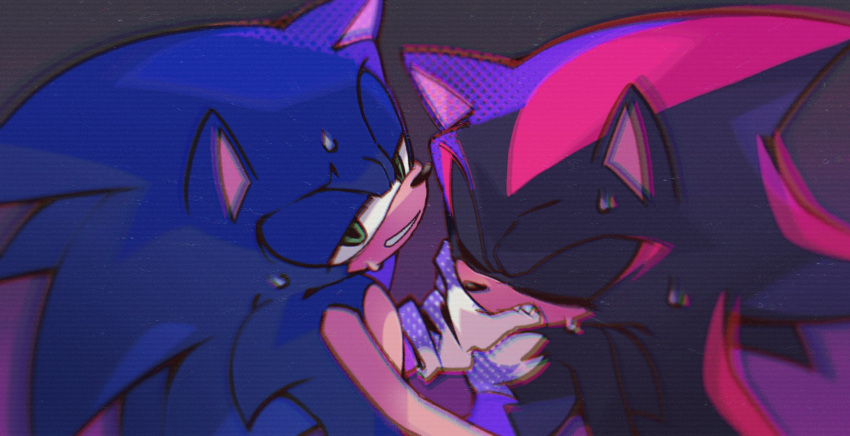 2boys animal_ears animal_nose biting biting_another's_hand chromatic_aberration closed_eyes commentary furry furry_male gloves green_eyes half-closed_eyes highres looking_at_viewer male_focus merry_bongbong multiple_boys scanlines shadow_the_hedgehog simple_background sonic_(series) sonic_the_hedgehog sweat upper_body white_gloves yaoi