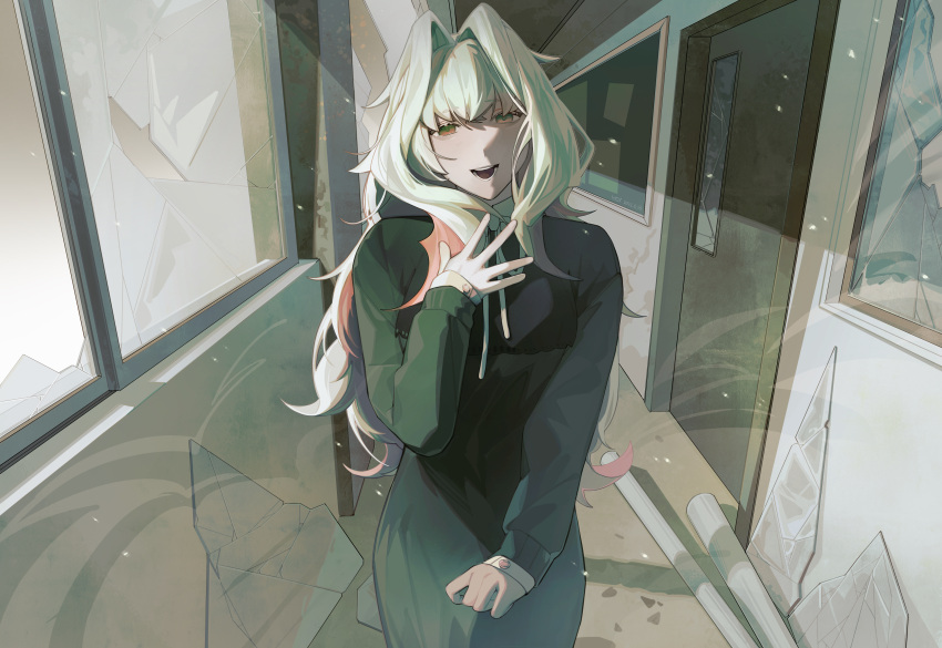 1girl absurdres black_dress broken_window brown_eyes character_request cookie_run dress empty_eyes facing_viewer glass_shards green_hair hair_between_eyes hair_intakes hallway hand_on_own_chest highres hirono1118 long_hair long_sleeves looking_at_viewer open_mouth school sidelighting smile solo upper_body wavy_hair white_hair window
