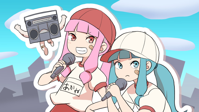 2girls absurdres alternate_costume animate_object backwards_hat bandaid bandaid_on_cheek bandaid_on_face baseball_cap bashauma_kaede blue_eyes blue_hair blue_sky blunt_bangs blush boombox character_name clouds cloudy_sky commentary_request day drop_shadow grin gym_uniform hand_on_own_hip hand_up hands_up hat highres kotonoha_akane kotonoha_aoi looking_at_viewer multiple_girls outline pink_hair puffy_short_sleeves puffy_sleeves red_eyes shirt short_sleeves siblings sidelocks sisters sky skyline smile upper_body v-shaped_eyebrows voiceroid white_outline white_shirt