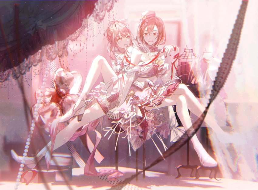 1girl 1other 25-ji_meiko akiyama_mizuki androgynous beret bow box commentary_request crop_top curtains dress frilled_dress frills gift gift_box gloves hair_bow hat high_heels highres id_smile_(vocaloid) karanagare lace lace_dress lace_gloves long_hair looking_at_another mannequin meiko_(vocaloid) midriff pink_bow pink_theme project_sekai red_nails red_ribbon ribbon short_hair sitting smile tongue tongue_out too_many too_many_frills vocaloid